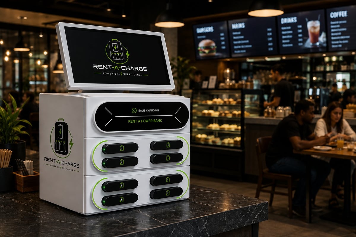 Rent and Charge phone charging station kiosk with digital display in modern café or coffee shop setting